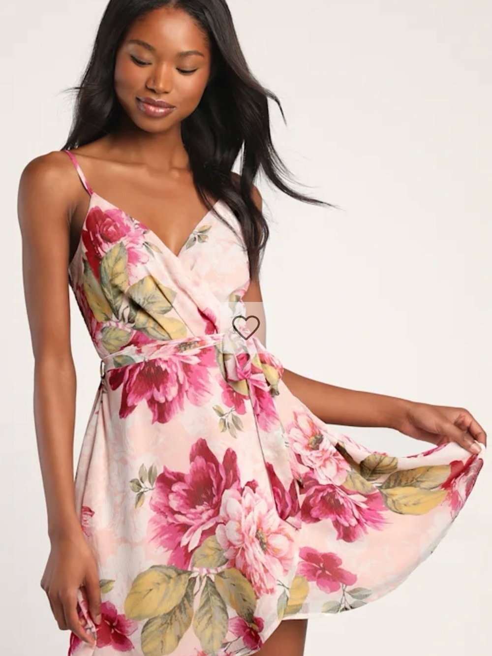 NWT Floral Pink Faux Wrap Sundress with adjustable Spaghetti Straps
